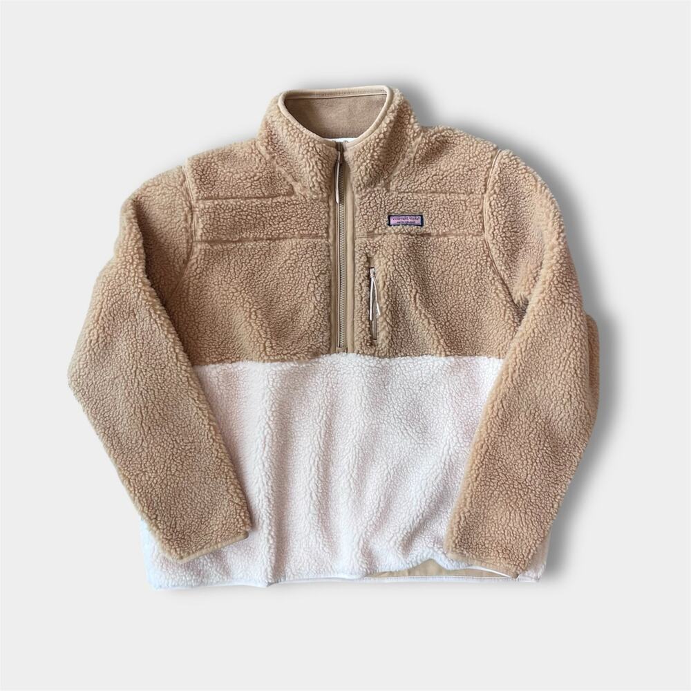 Vineyard Vines Color Block 1/4 Zip Supershep Fleece Jacket Toasted Almond XL NWT